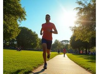 Orang jogging di taman dengan latar pagi cerah