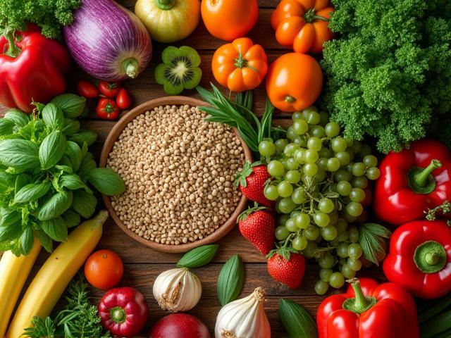Ilustrasi makanan sehat berwarna-warni untuk artikel Nutrisi