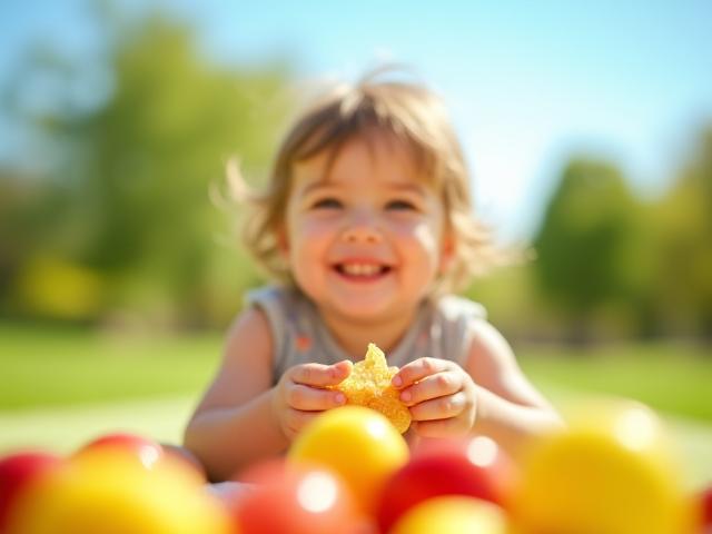 Anak bermain di taman dengan makanan sehat untuk artikel Gizi Seimbang Anak